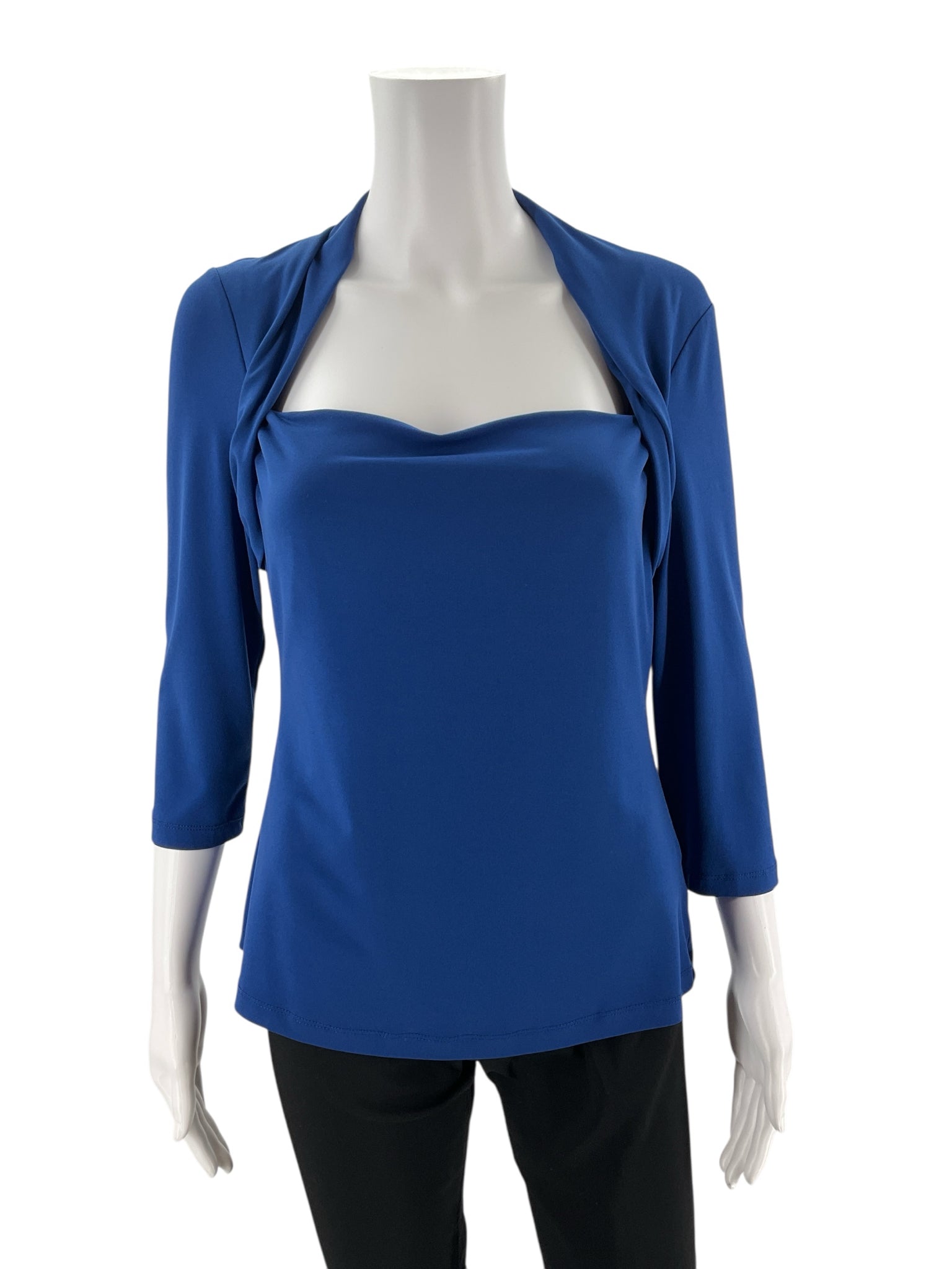 Worthington blue solid cowl neck pullover top for women, size medium, featuring 3/4 sleeves and a classic business casual style.
