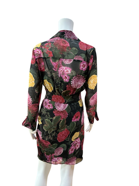 Back view of Rachel Roy black floral chiffon wrap dress in size small, showcasing sheer fabric and vibrant floral print in yellow and purple tones.