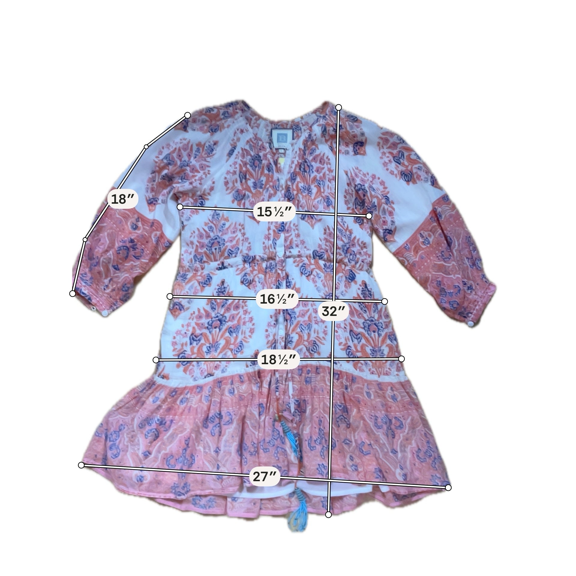 Bell Women’s Size Small White Orange Blue Floral 3/4 Sleeve Dress Pre-Owned- ONLINE ONLY