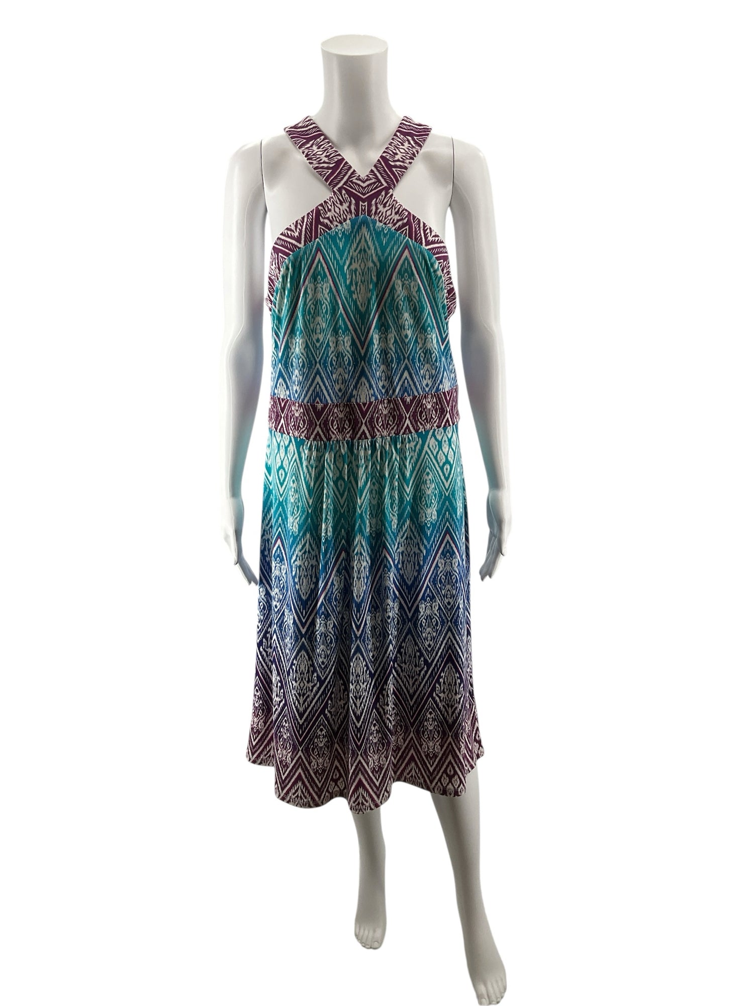 Wisp Ikat Print Dress Size 12 Aqua Purple Empire Waist X-Back Sleeveless