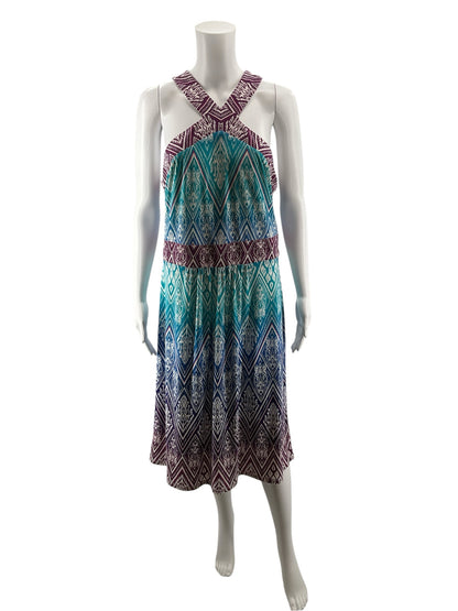 Wisp Ikat Print Dress Size 12 Aqua Purple Empire Waist X-Back Sleeveless