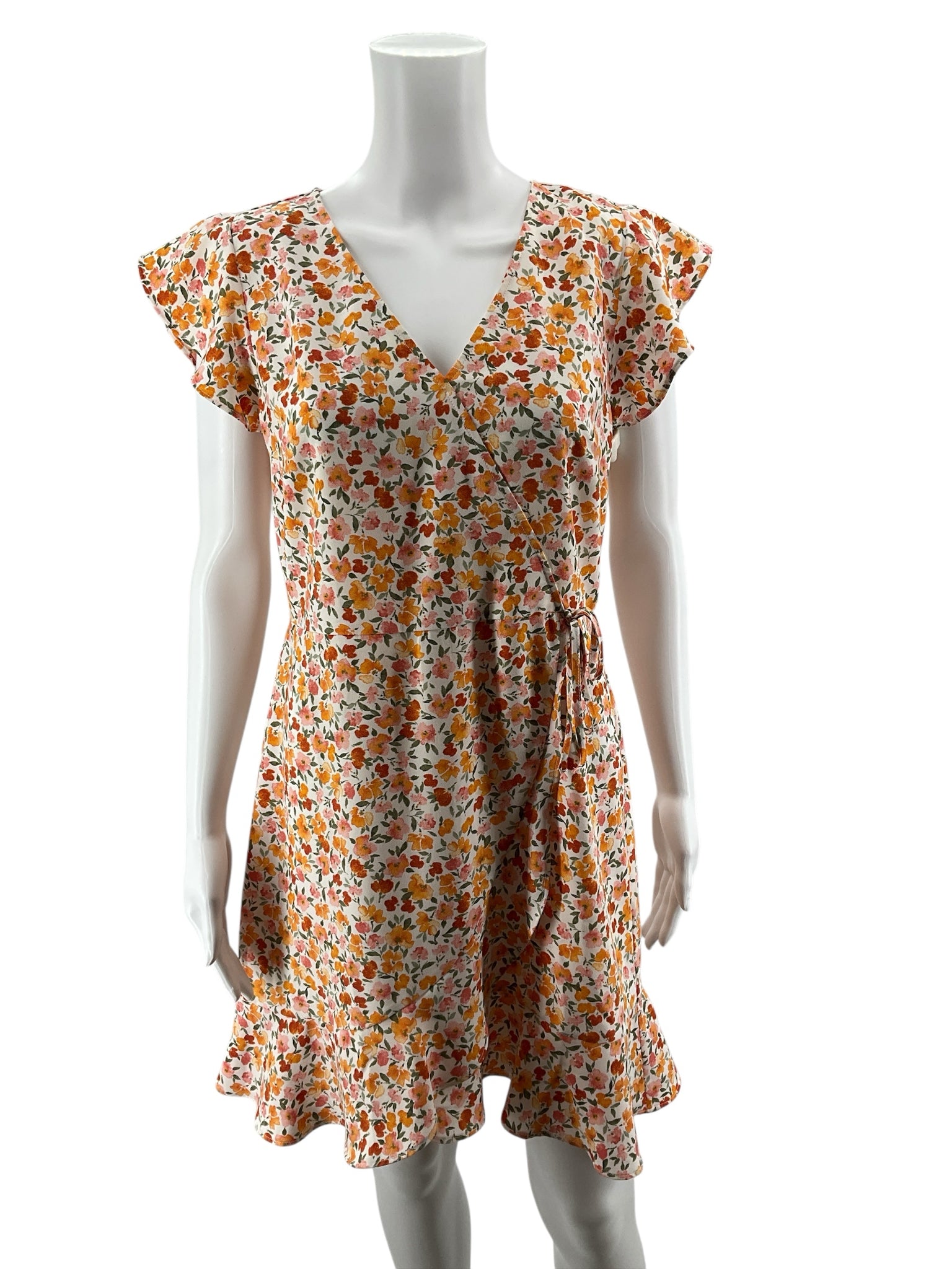 LOFT Outlet Floral Faux Wrap Ruffle Dress Cap Sleeve White Orange Pink Size 4