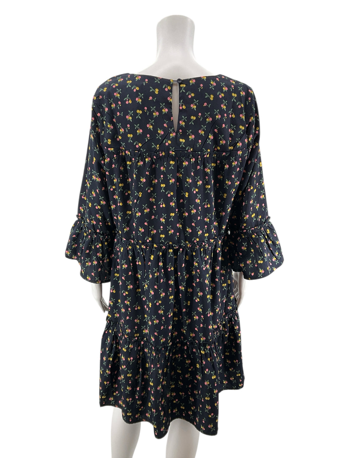 Suzanne Betro Navy Cherry Print Tiered Babydoll Dress Size Medium