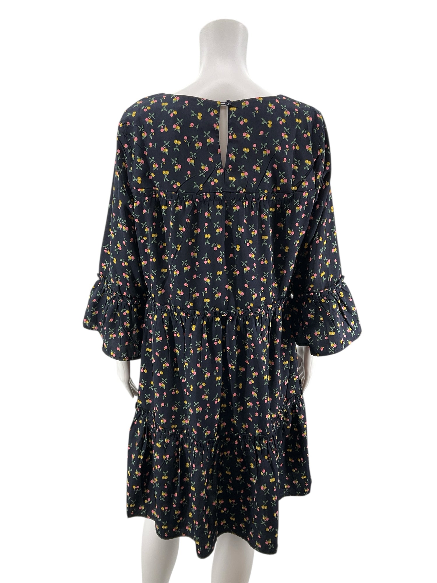 Suzanne Betro Navy Cherry Print Tiered Babydoll Dress Size Medium