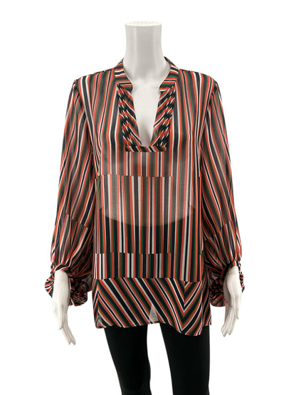cabi Navy/Green/Coral Long Sleeve Chevron Tunic Top Size Medium Navy Green Coral Stripe Sheer Tie Cuff Blouse 5519 - Size M