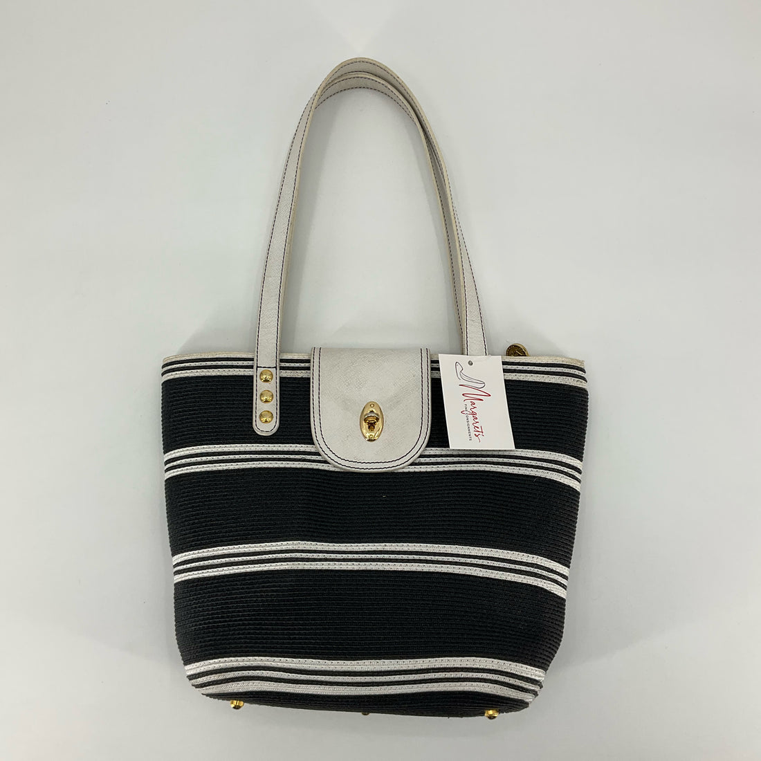 The Sak Black and White Striped Tote Purse with Turn-Lock Clasp - ONLINE ONLY