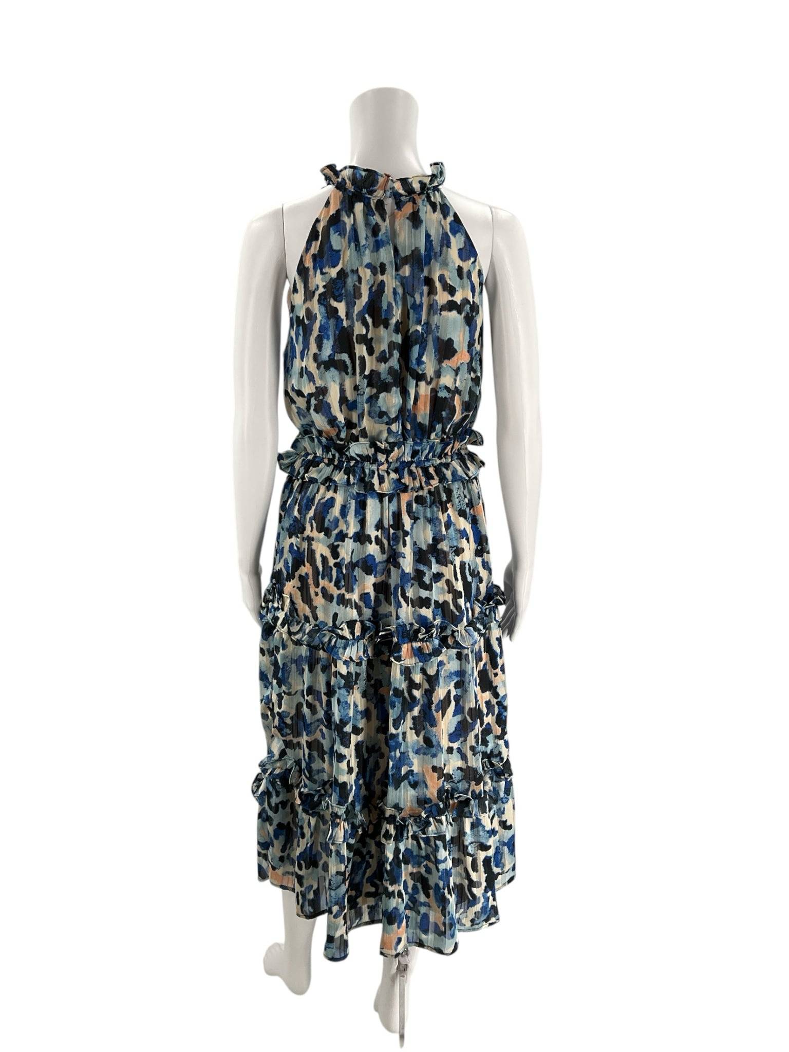 Back view of Elliatt Halther Maxi Dress Size Small with ruffle details and tie waist, offered at Margaret’s Fine Consignments.