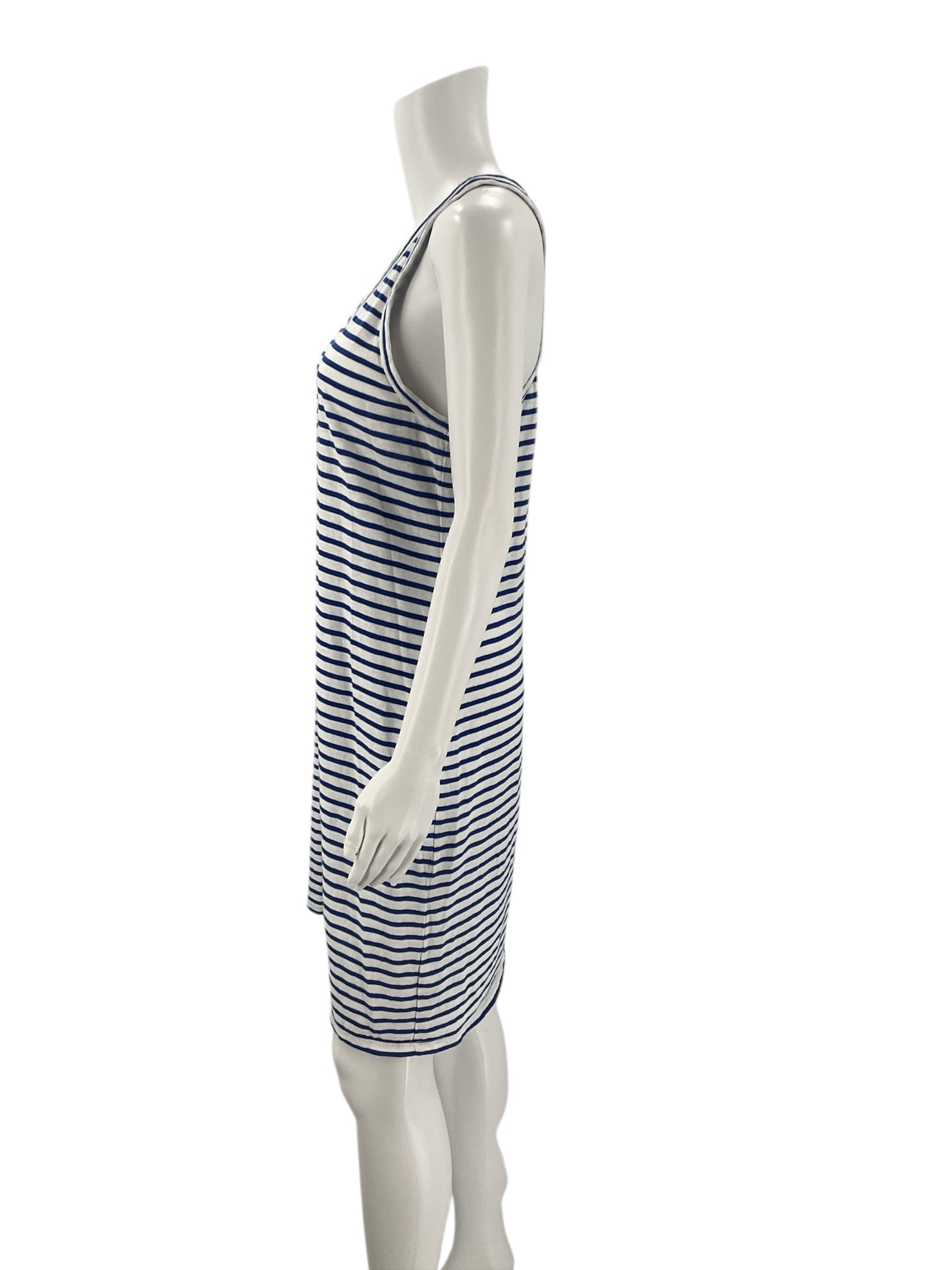 Side profile of J Crew White/Blue Stripe Dress - Size Medium, showing relaxed fit and nautical stripe pattern, pre-owned and stylish for warm weather.