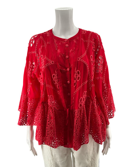 Johnny Was Tivva Red Eyelet Bohemian Tunic Top Size XS