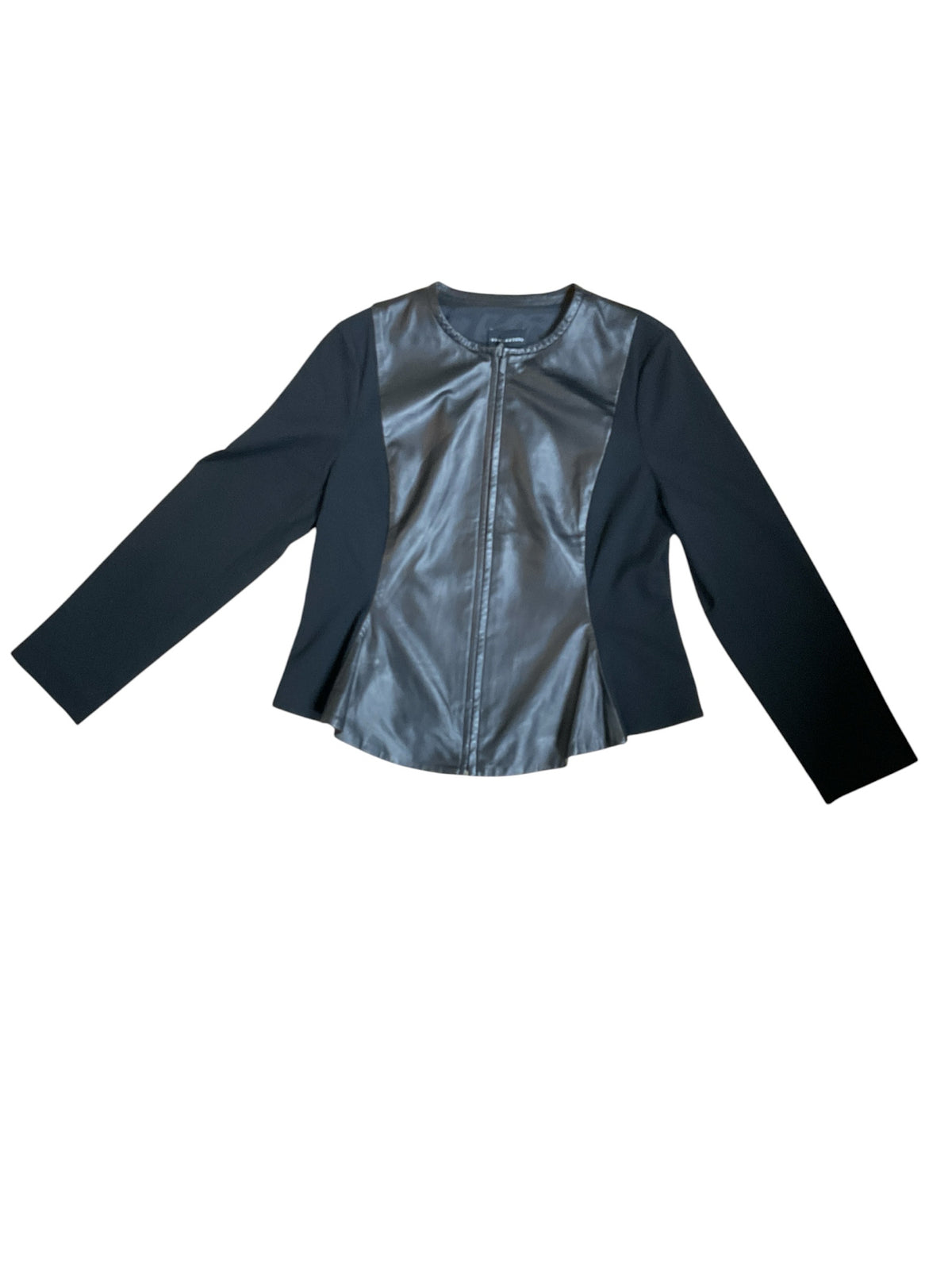 Doncaster Collection Black Leather &amp; Knit Peplum Moto Jacket | Size 14
