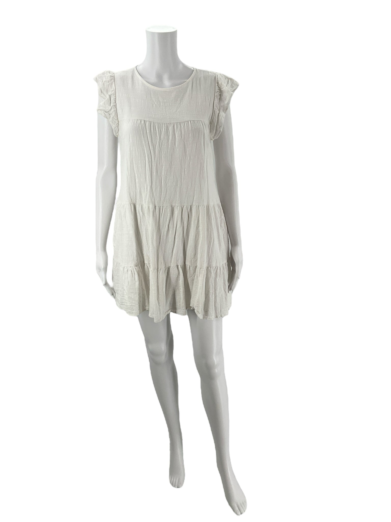 Altar'd State White Solid Dress - Size XS with tiered ruffle hem and flutter sleeves, gently used and ideal for casual or semi-formal wear.