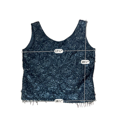 Unbranded Vintage Glam Black Wool Sequin &amp; Beaded Fringe Tank Top | Art Deco Sleeveless Shell