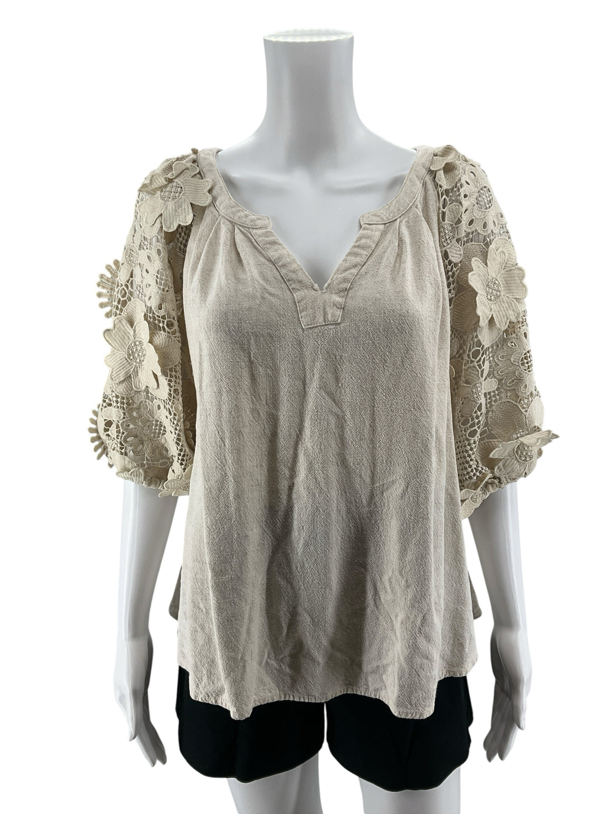 Umgee Tan Linen Cotton Boho Top with Lace Floral Sleeves Size Medium - ONLINE ONLY