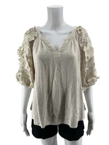 Umgee Tan Linen Cotton Boho Top with Lace Floral Sleeves Size Medium - ONLINE ONLY