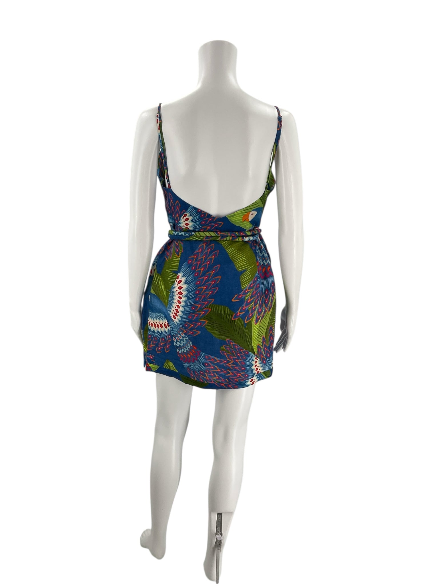 Back view of Farm Blue/Green Tropical Dress - Size Small showing low scoop back and tropical pattern, pre-owned at Margaret's Fine Consignments.