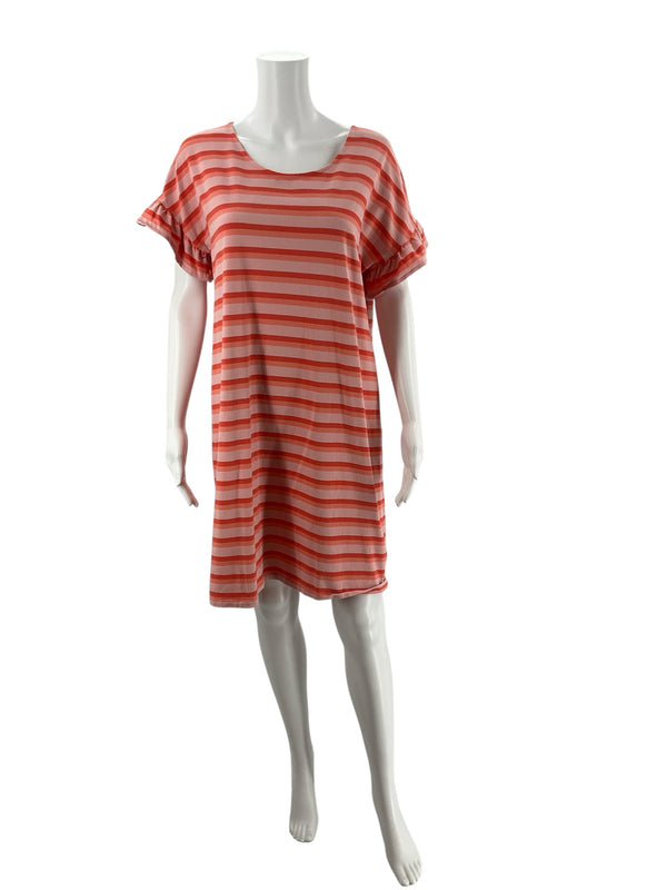 Front view of Lands' End coral and peach striped shift dress with ruffle sleeves, displayed on mannequin, size M (10-12).