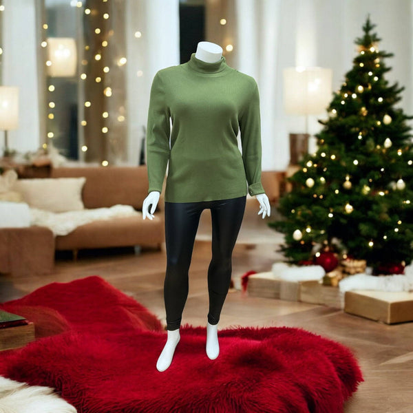 Coldwater Creek Green Sweater Size 2XL displayed on mannequin with black leggings in festive setting at Margaret’s Fine Consignments.