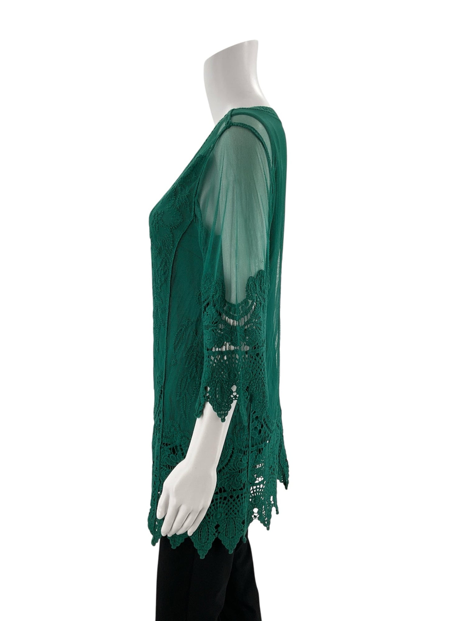 Ultra Pink bohemian tunic top with green lace and bell sleeves, pre-owned, size medium.