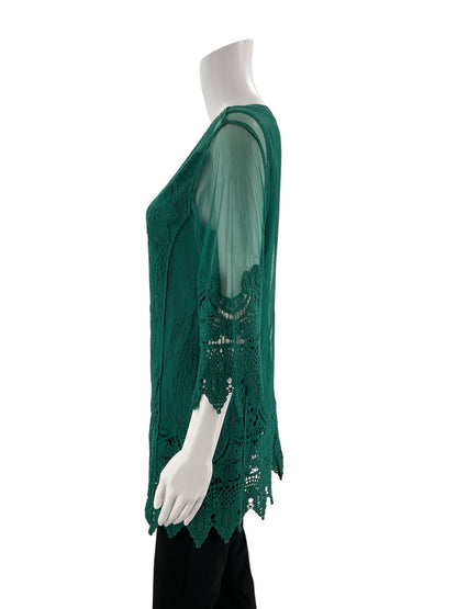 Ultra Pink bohemian tunic top with green lace and bell sleeves, pre-owned, size medium.