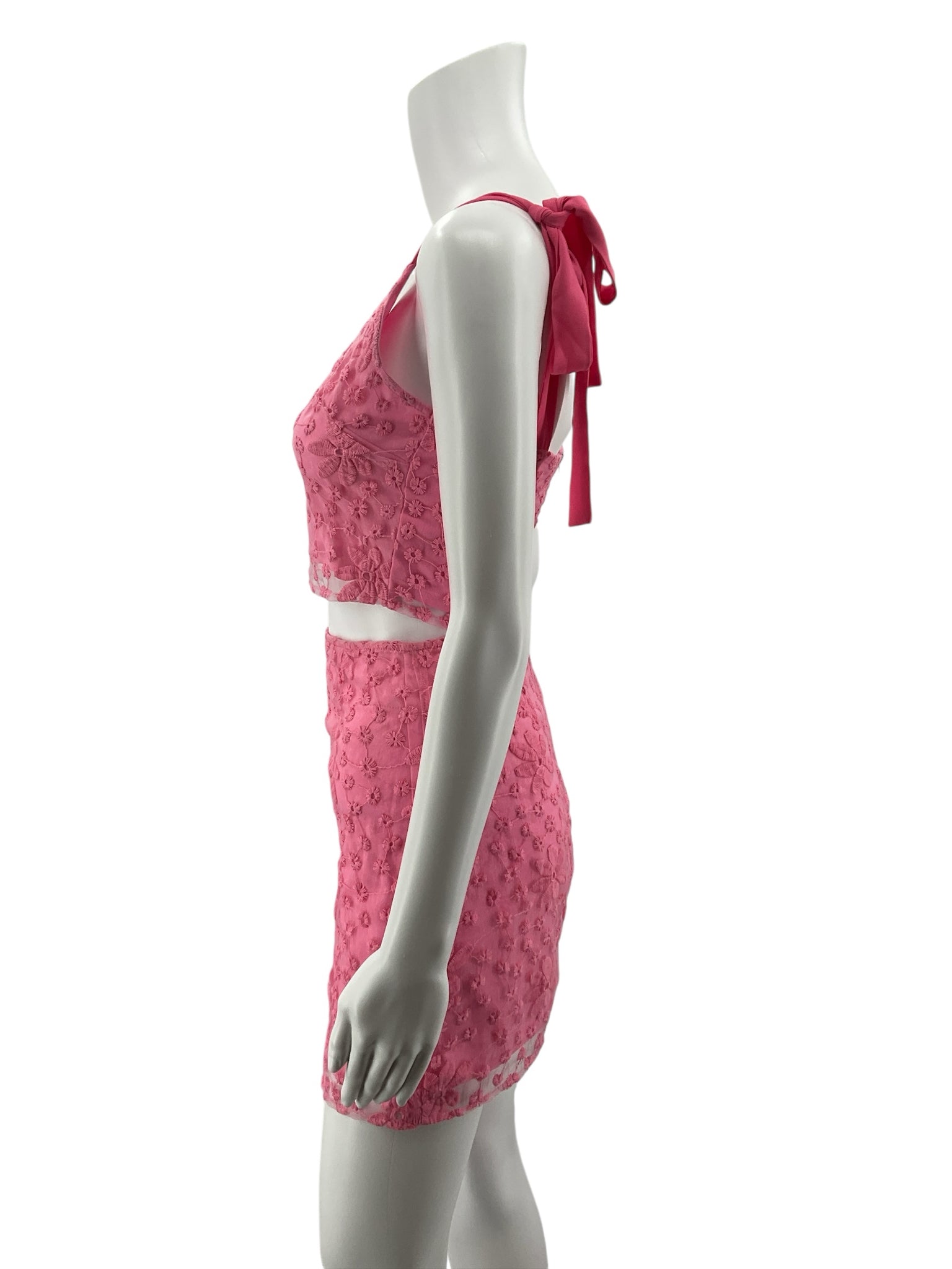 mi ami Pink Floral Embroidered Mesh Two-Piece Skirt Set | Size XS