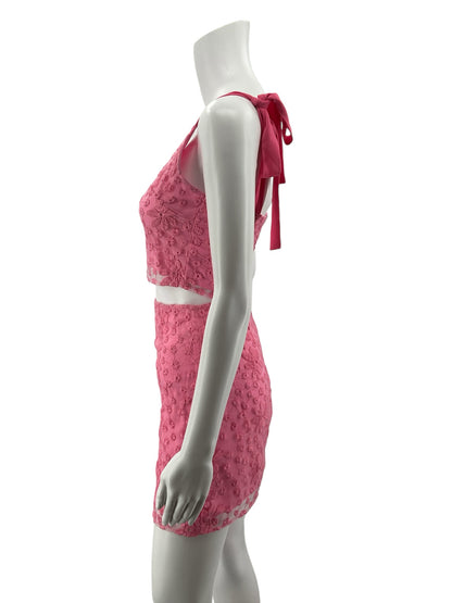 mi ami Pink Floral Embroidered Mesh Two-Piece Skirt Set | Size XS