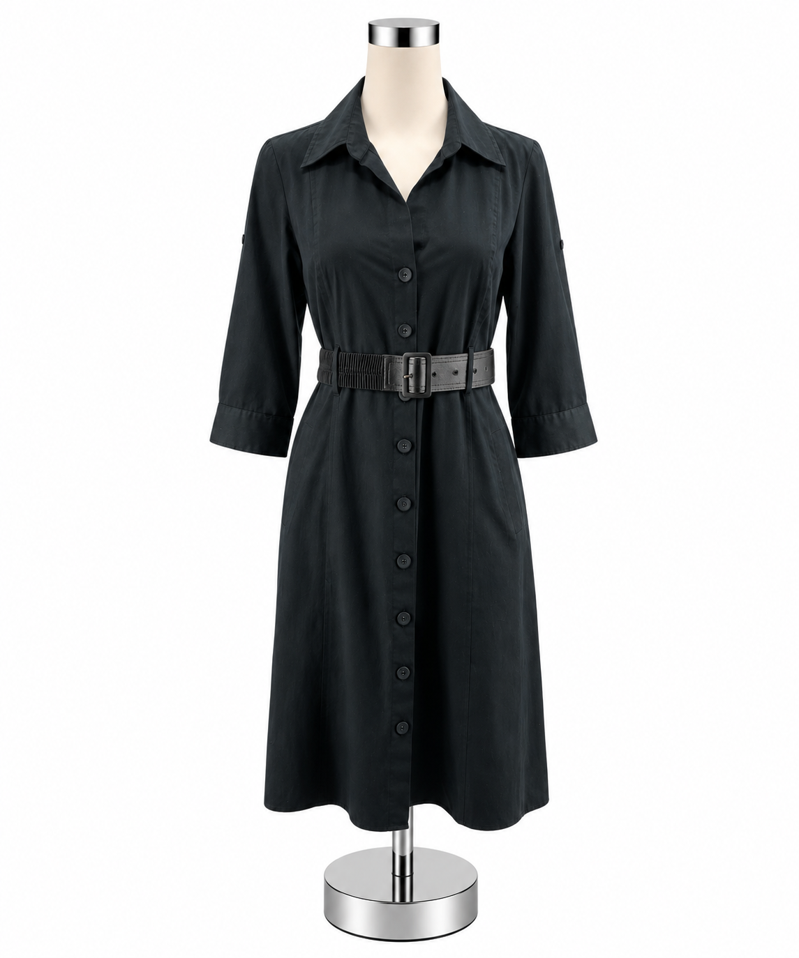 Ann Taylor Black Cotton Belted Shirt Dress Size 8 - ONLINE ONLY