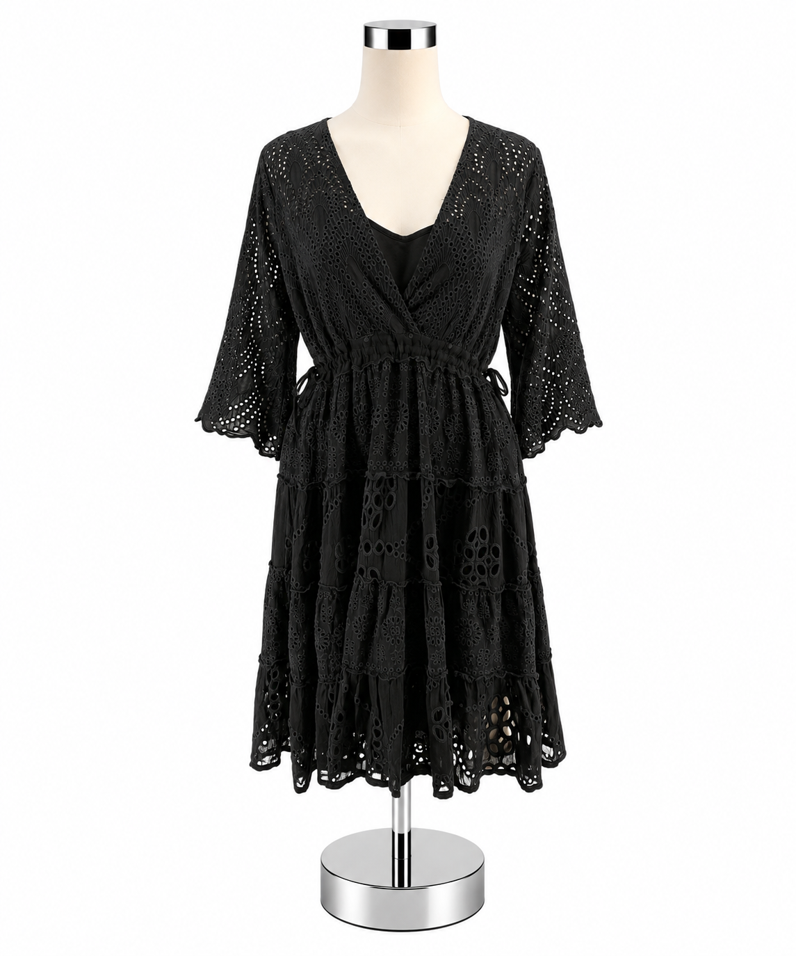 Johnny Was Black Eyelet V-Neck Boho Dress - Size XS - ONLINE ONLY