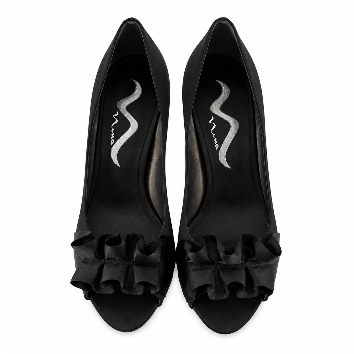 Nina Forbes Black Satin Ruffle Peep Toe Platform Heels Size 8 - ONLINE ONLY