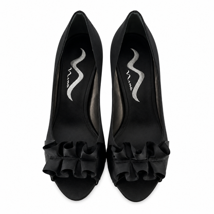 Nina Forbes Black Satin Ruffle Peep Toe Platform Heels Size 8 - ONLINE ONLY