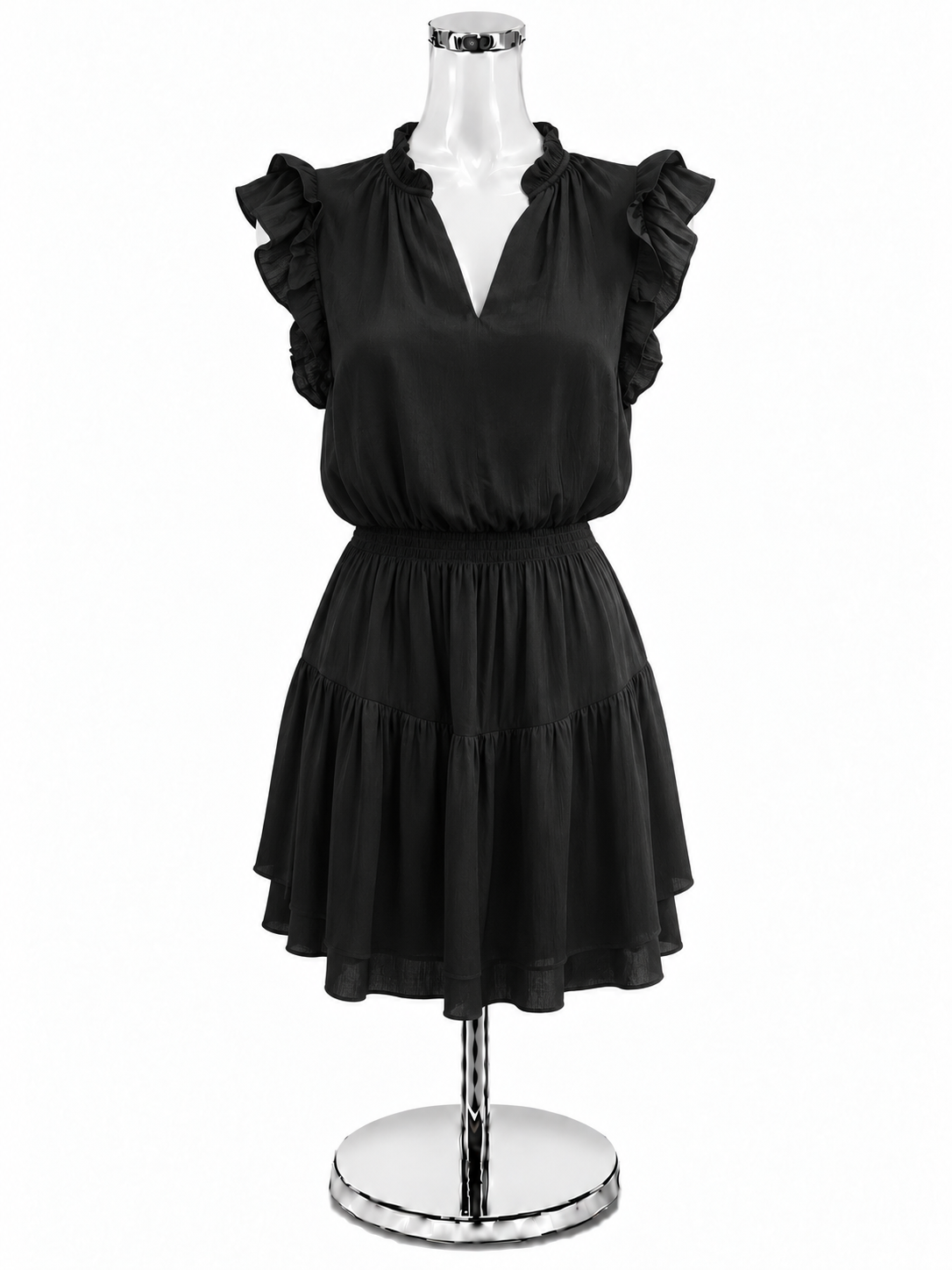Steve Madden Black Ruffled V-Neck Tiered Mini Dress - Size XS - ONLINE ONLY