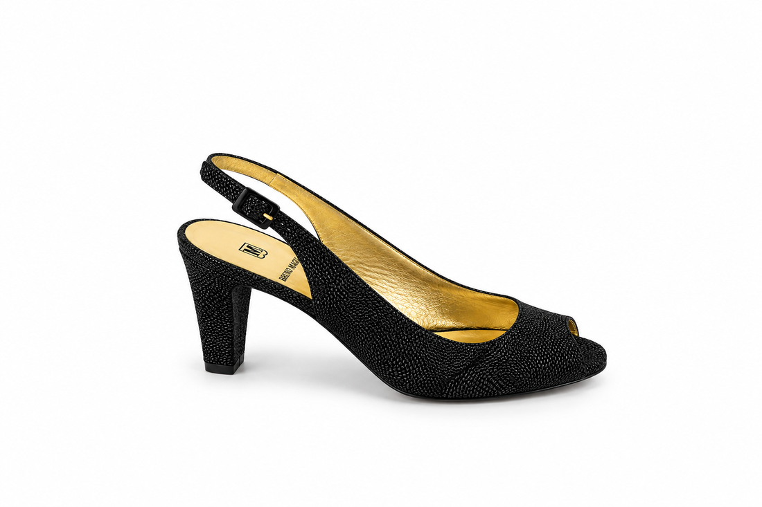 Bruno Magli Black Swirl Fabric Peep Toe Slingback Heels | Size 7 | Made in Italy - ONLINE ONLY