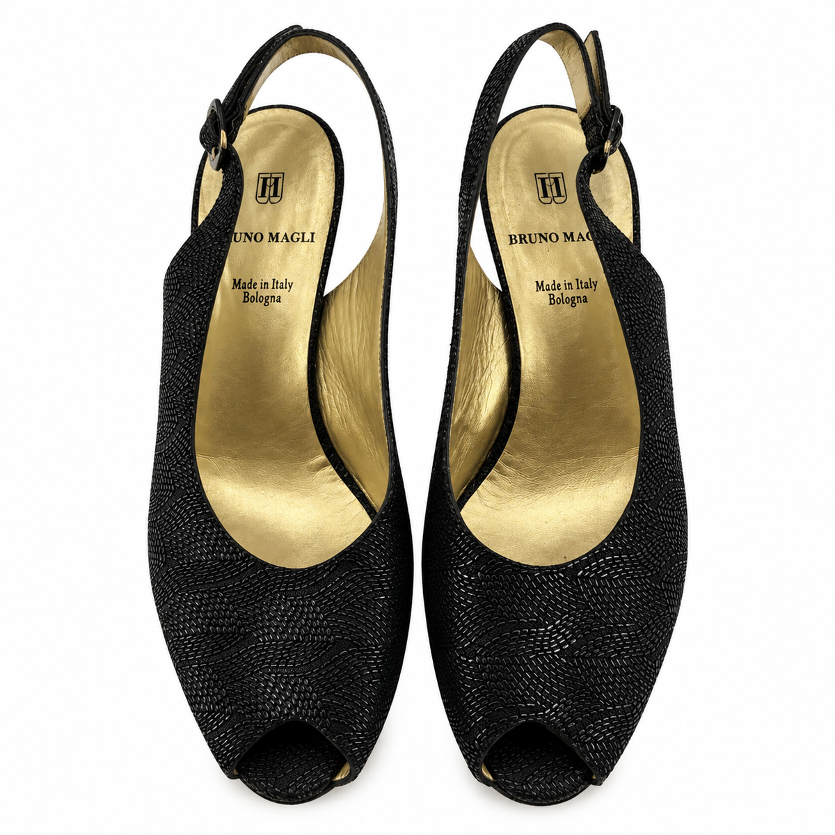 Bruno Magli Black Swirl Fabric Peep Toe Slingback Heels | Size 7 | Made in Italy - ONLINE ONLY