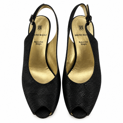 Bruno Magli Black Swirl Fabric Peep Toe Slingback Heels | Size 7 | Made in Italy - ONLINE ONLY