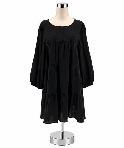 Natalie Busby Black Cotton Gauze Tiered Babydoll Dress Size Small - ONLINE ONLY