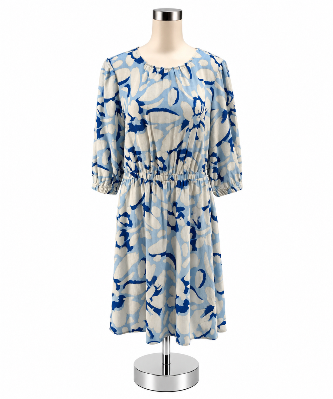 LOFT Floral Puff Sleeve Rayon Linen Blend Dress Blue White Size Large - ONLINE ONLY