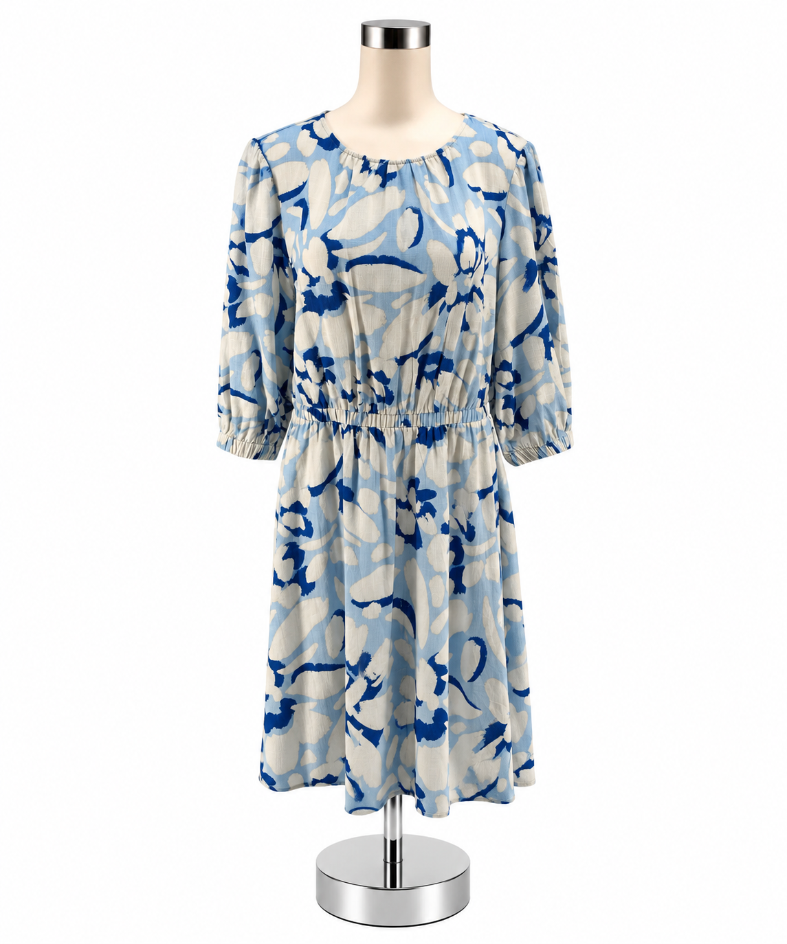 LOFT Floral Puff Sleeve Rayon Linen Blend Dress Blue White Size Large - ONLINE ONLY