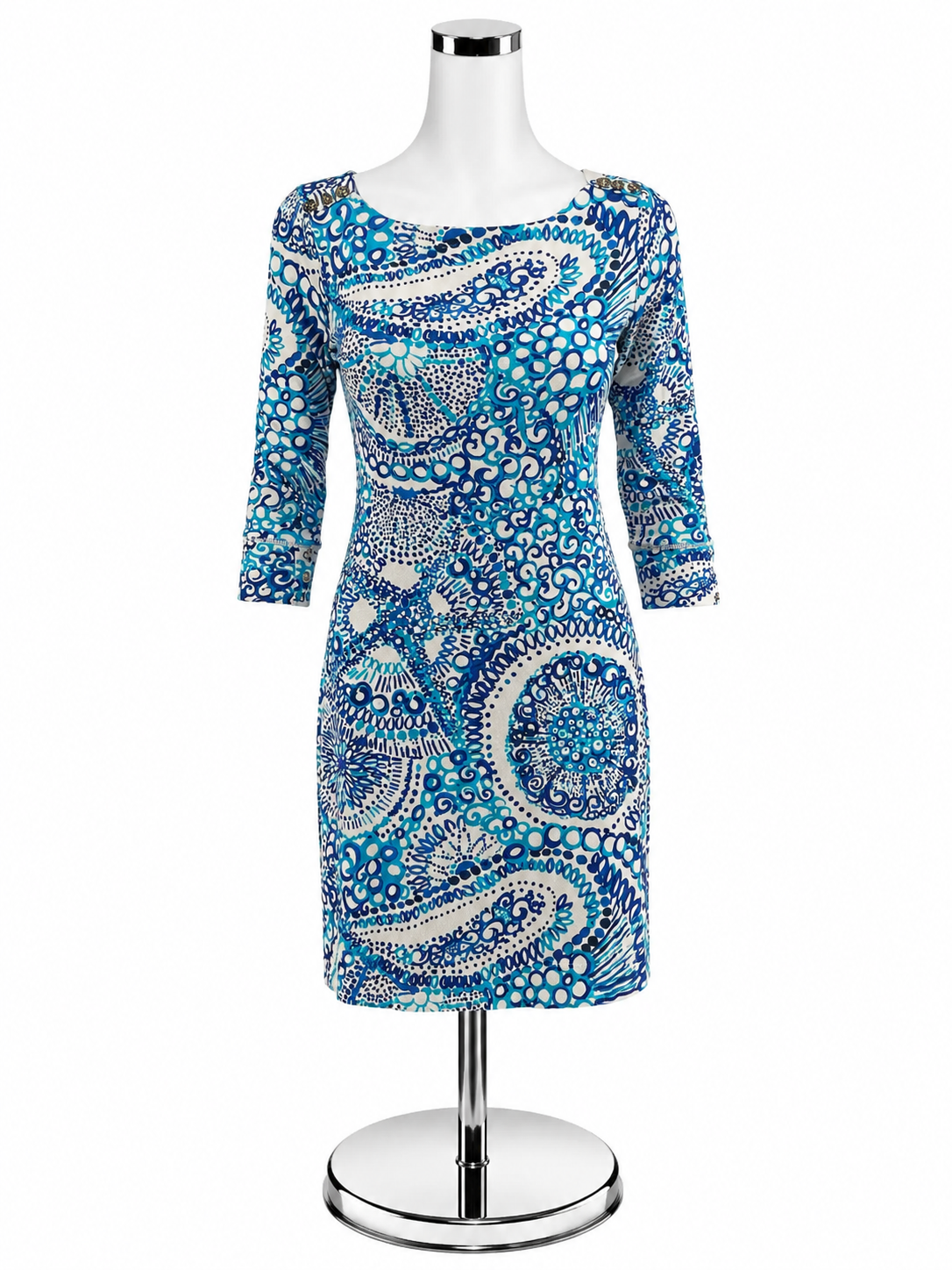 Lilly Pulitzer Sophie Dress Size S Blue White Medallion Print 3/4 Sleeve - ONLINE ONLY