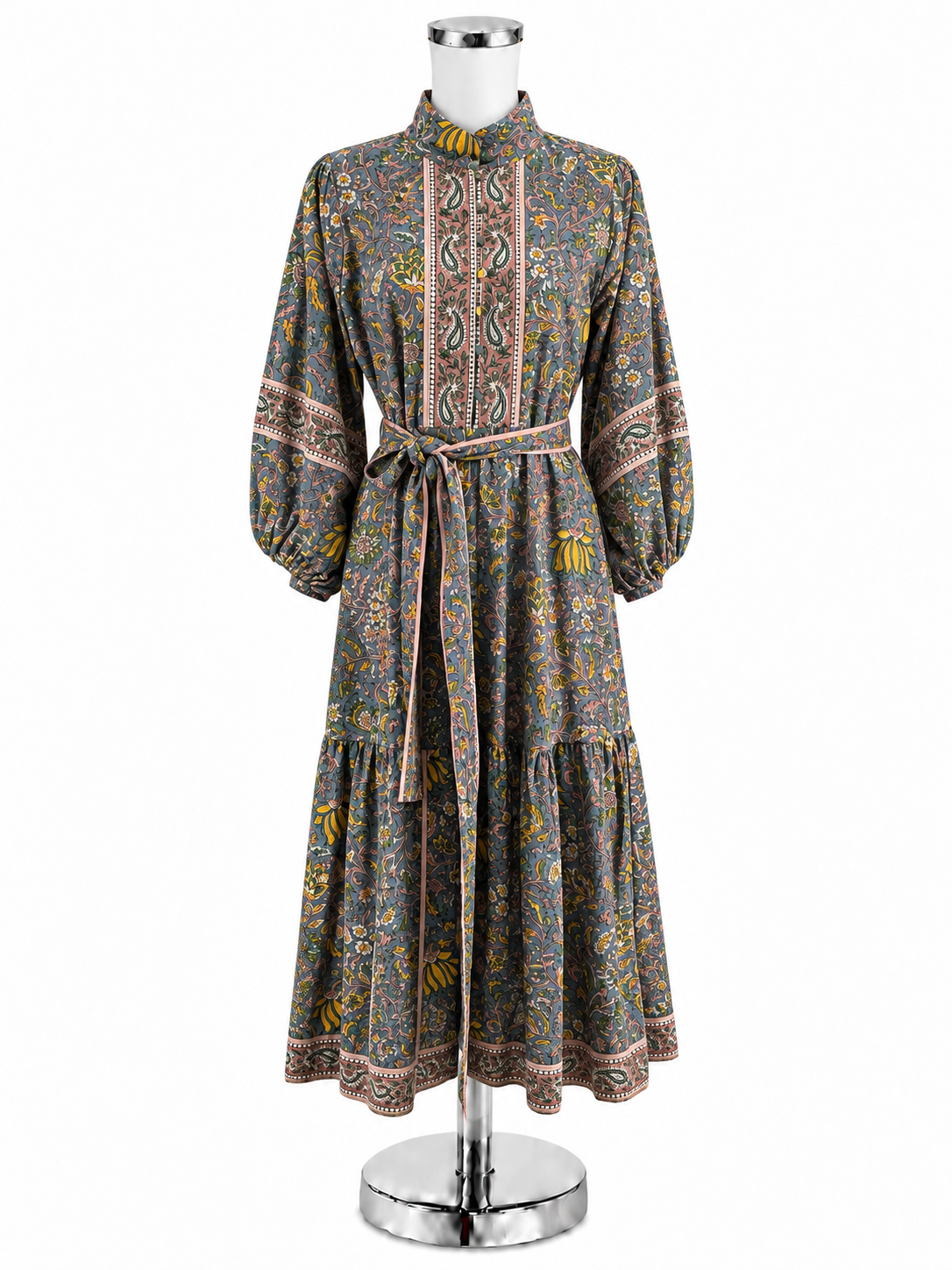 Sue Sartor Flounce Dress Size Small Blue Floral Paisley Print Boho Midi - ONLINE ONLY
