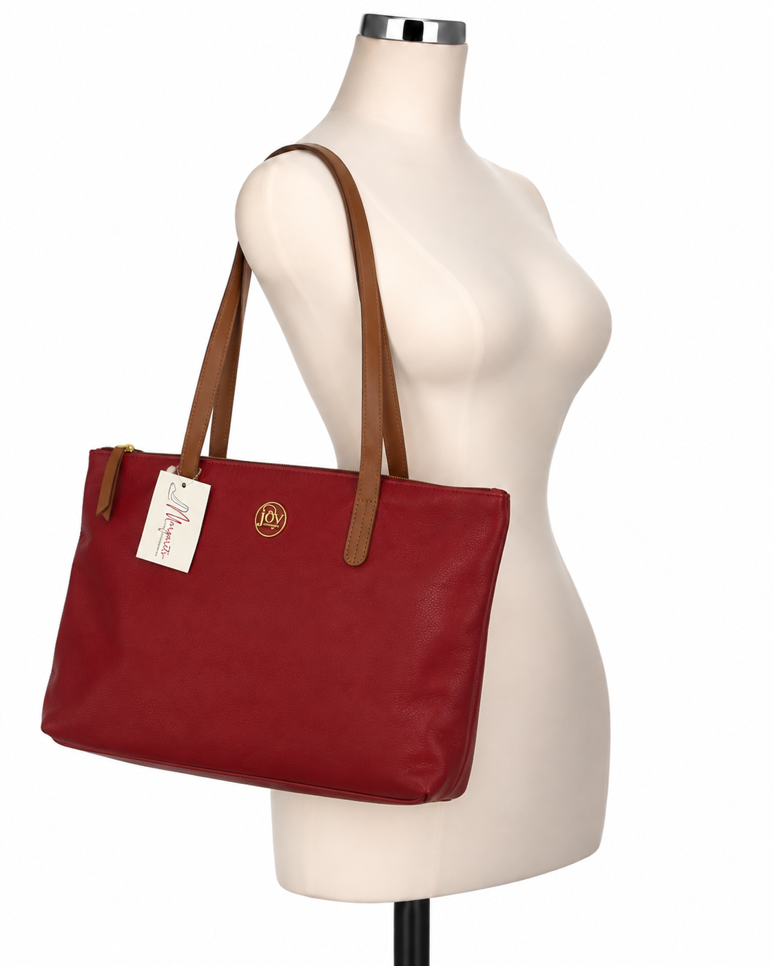 Joy Mangano Red Pebbled Tote Purse with Brown Straps - ONLINE ONLY