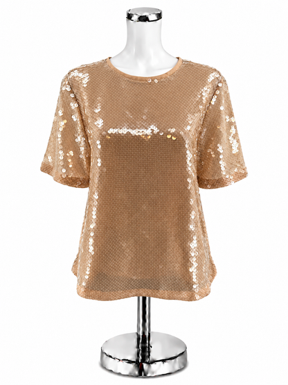 LOFT Peach Sequin Short Sleeve Blouse Medium Top - ONLINE ONLY