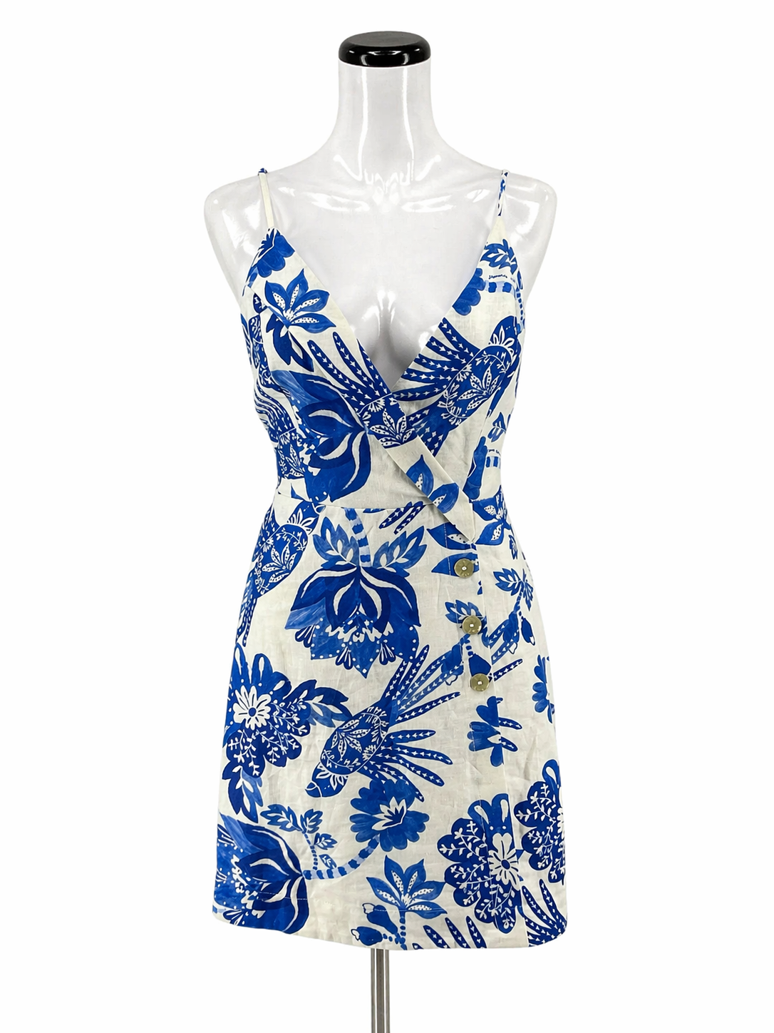 FARM Rio blue/white A-Line Farm Blue/White Birds Pre-Owned Ladies Dress - Size Large - Size L