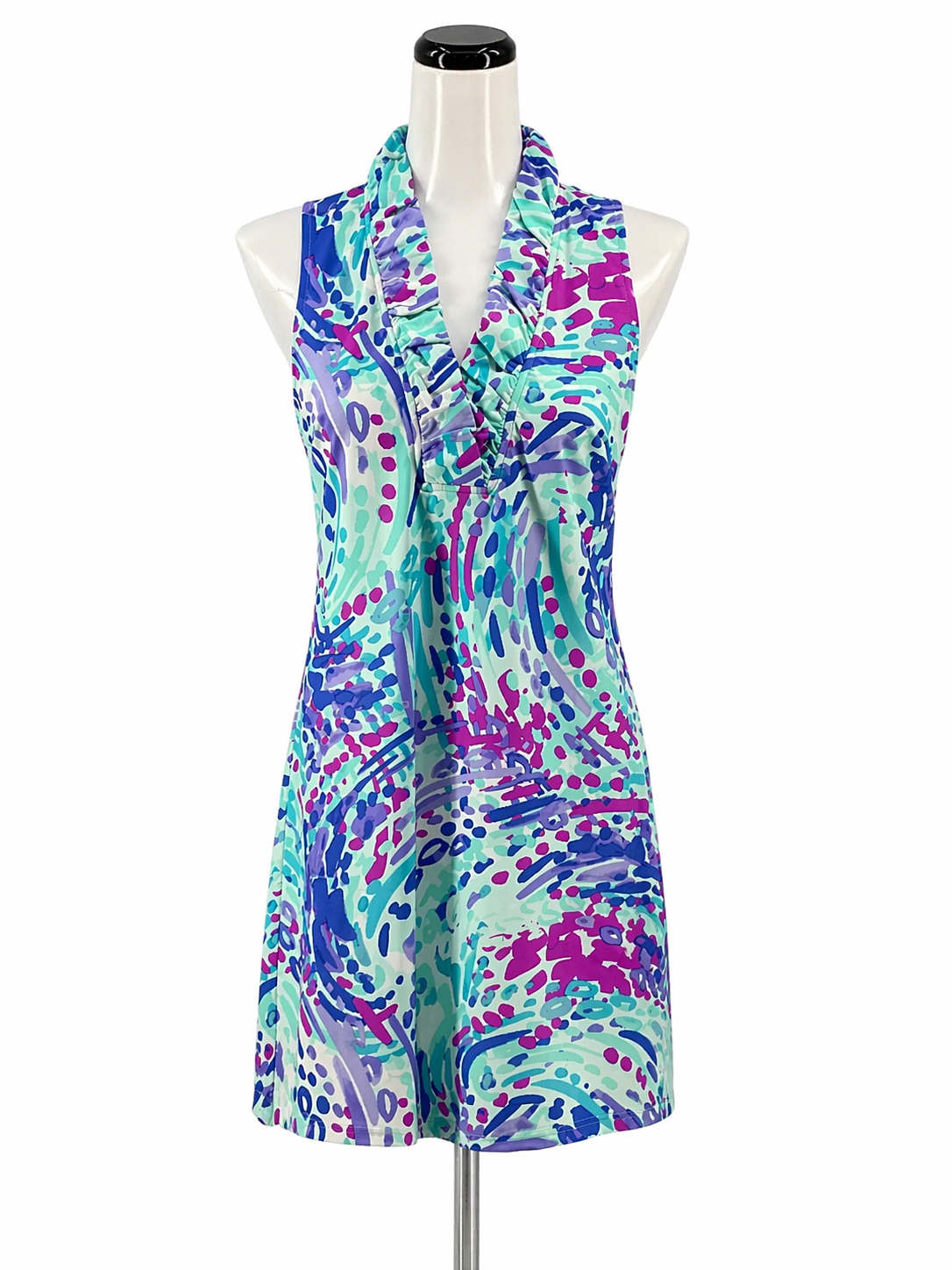 Aryeh Aqua/Purple Sleeveless Aqua/Purple Print Pre-Owned Ladies Dress - Size Small - Size S