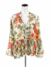 LOFT White/multi Long Sleeve Floral Smocked Tie-Neck Peplum Blouse Size Medium - Size M