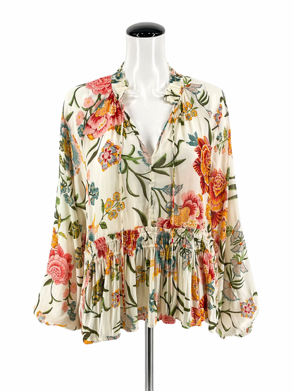 LOFT White/multi Long Sleeve Floral Smocked Tie-Neck Peplum Blouse Size Medium - Size M