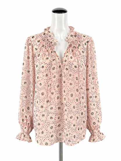 Loft white/pink/brown Long Sleeve Floral Smocked Tie Neck Blouse White Pink NWT Ladies Top Size Large - Size L