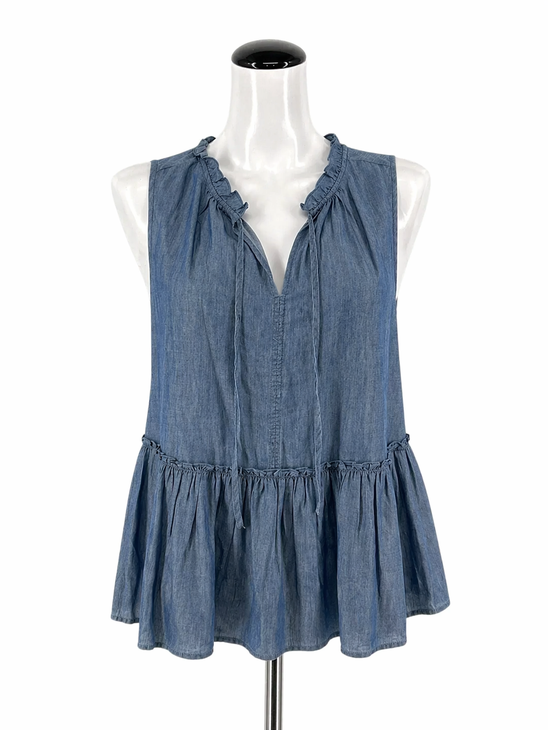 LOFT Outlet Blue Sleeveless LOFT Ruffle Tie Neck Tiered Chambray Tunic Top NWT Size Large - Size L