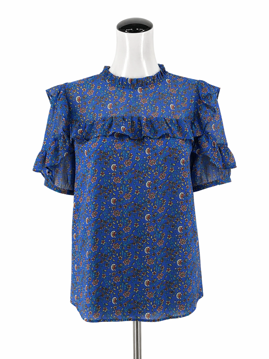LOFT blue/red Short Sleeve Floral Ruffle Neck Flutter Sleeve Blouse Size Small Pre-Owned - Size S