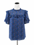 LOFT blue/red Short Sleeve Floral Ruffle Neck Flutter Sleeve Blouse Size Small Pre-Owned - Size S