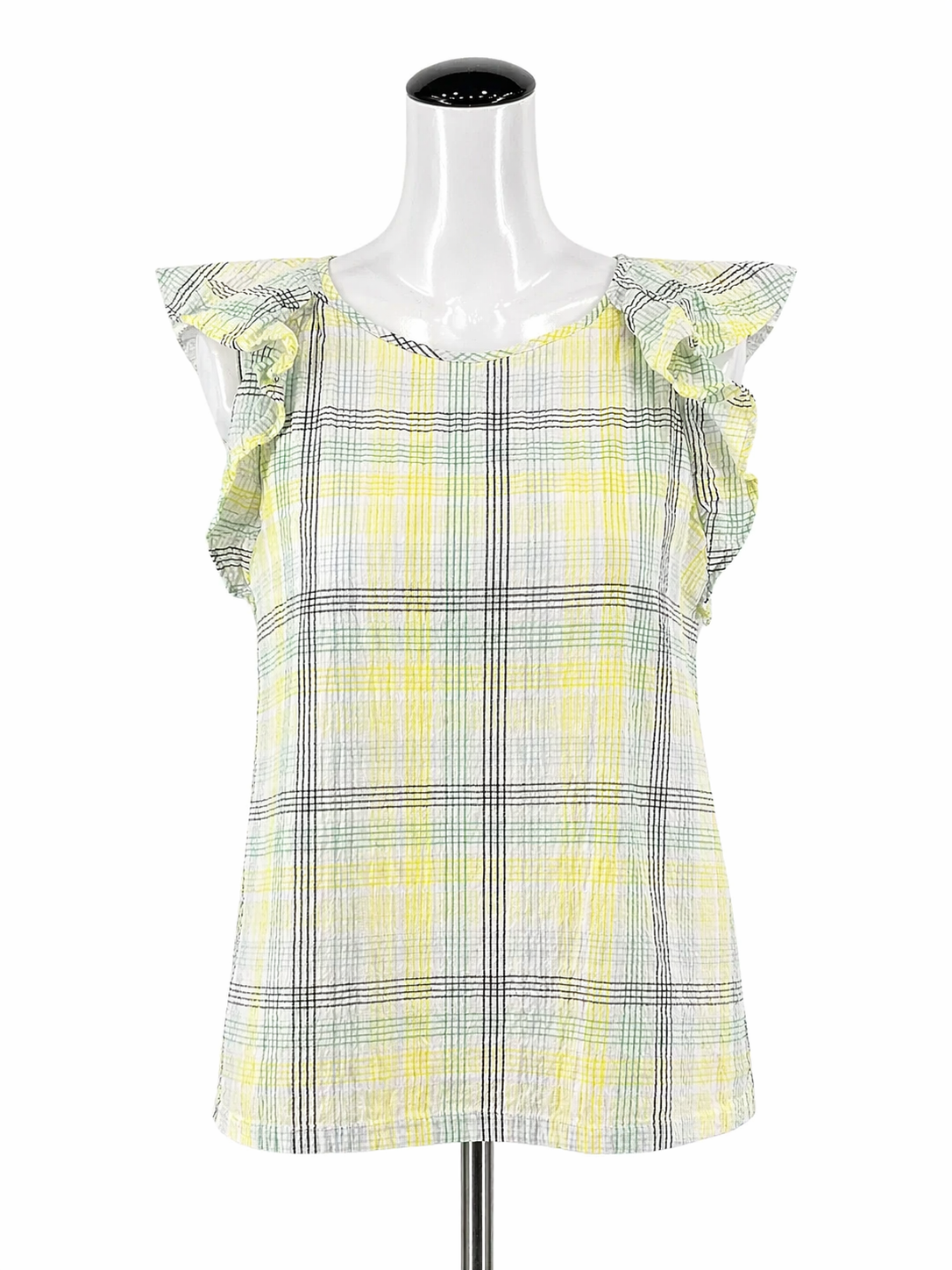 LOFT White/green/yellow Sleeveless Plaid Flutter Sleeve Keyhole Back Top Size Small - Size S