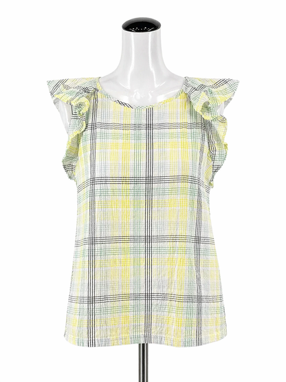 LOFT White/green/yellow Sleeveless Plaid Flutter Sleeve Keyhole Back Top Size Small - Size S
